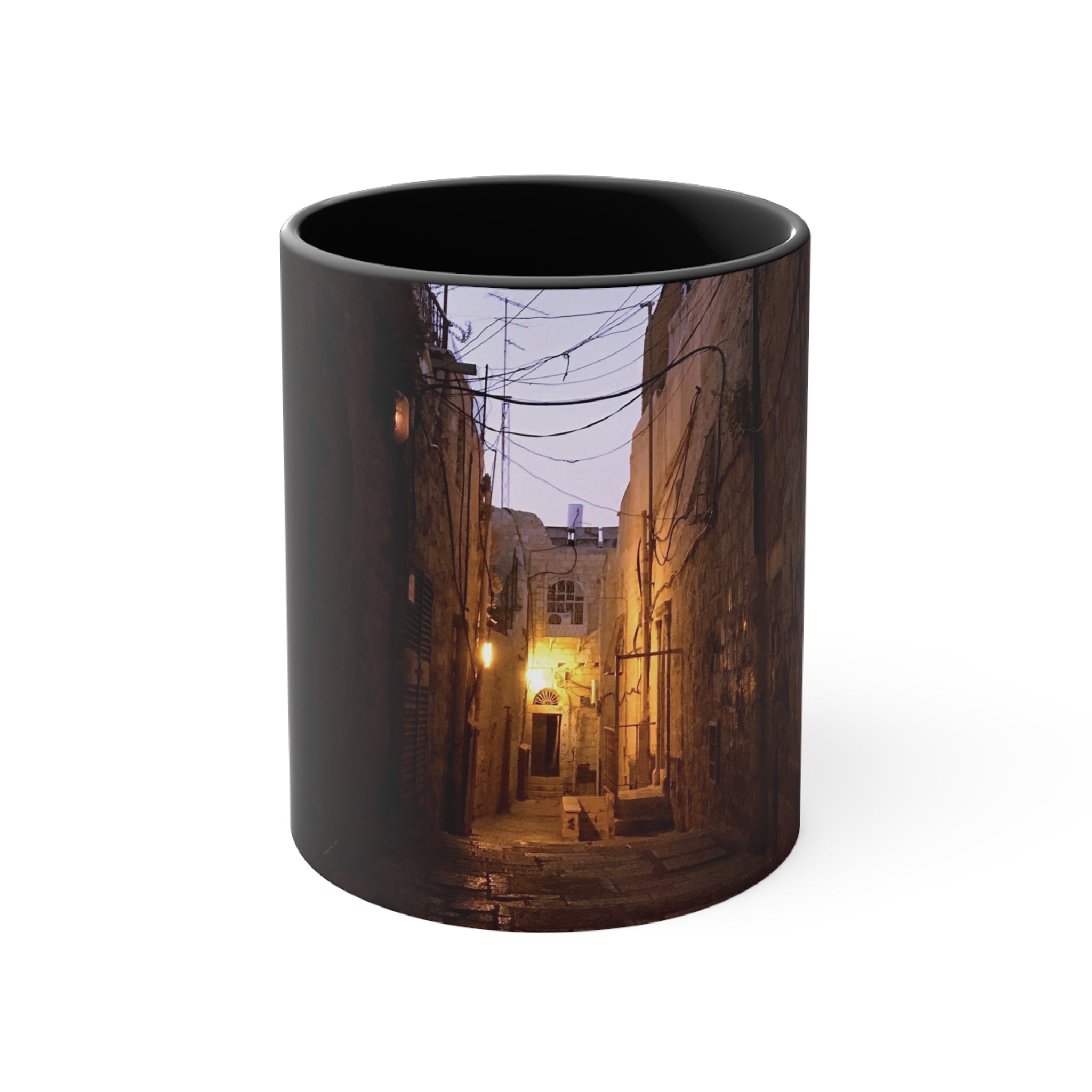 Holy Land Jerusalem Old City Photograph Accent Coffee Mug, 11oz - Jewish Quarter Alley at Dusk Divine Providence