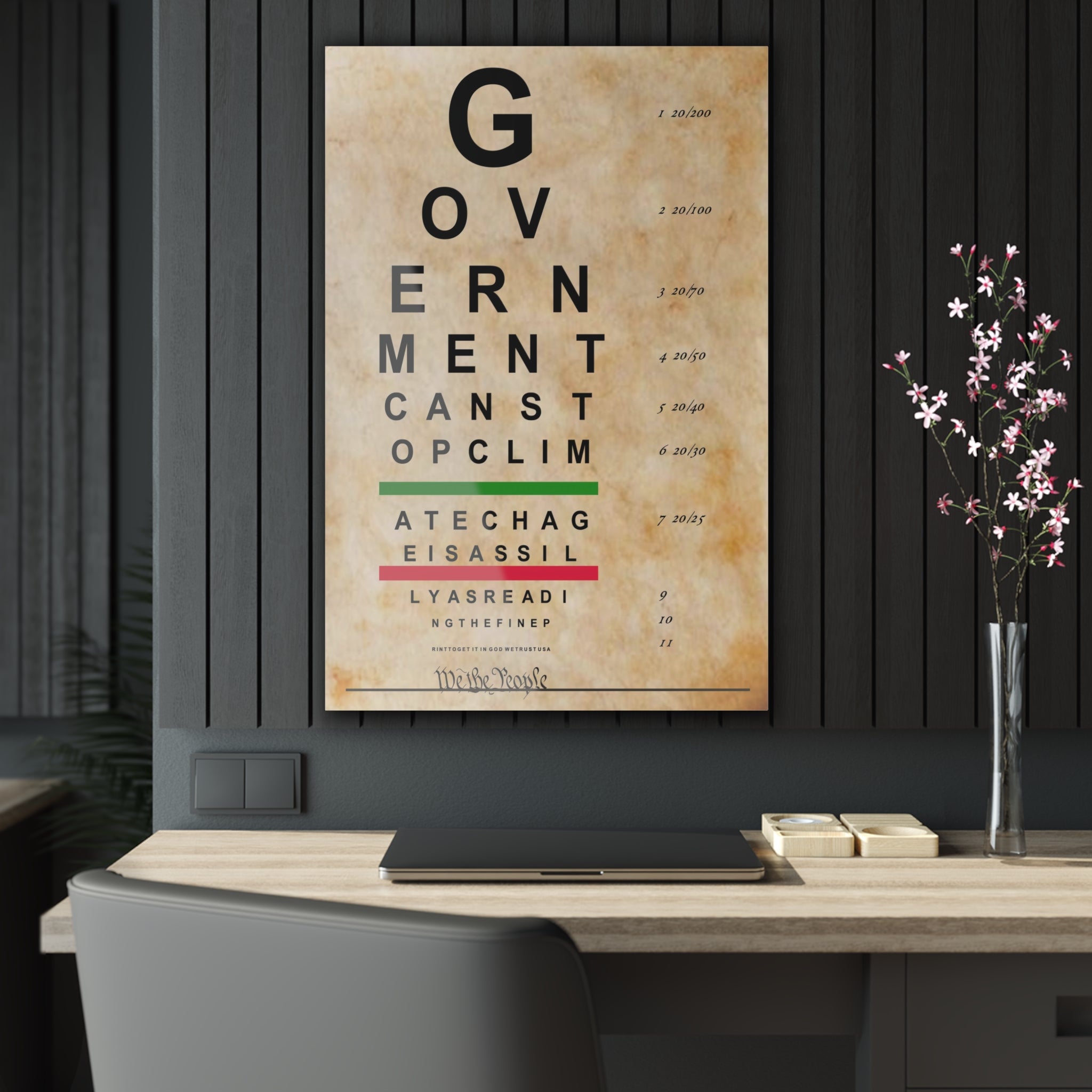 Government Can Stop Climate Change Eye Chart Acrylic Print: YOU CANNOT UNSEE THE FINE PRINT!