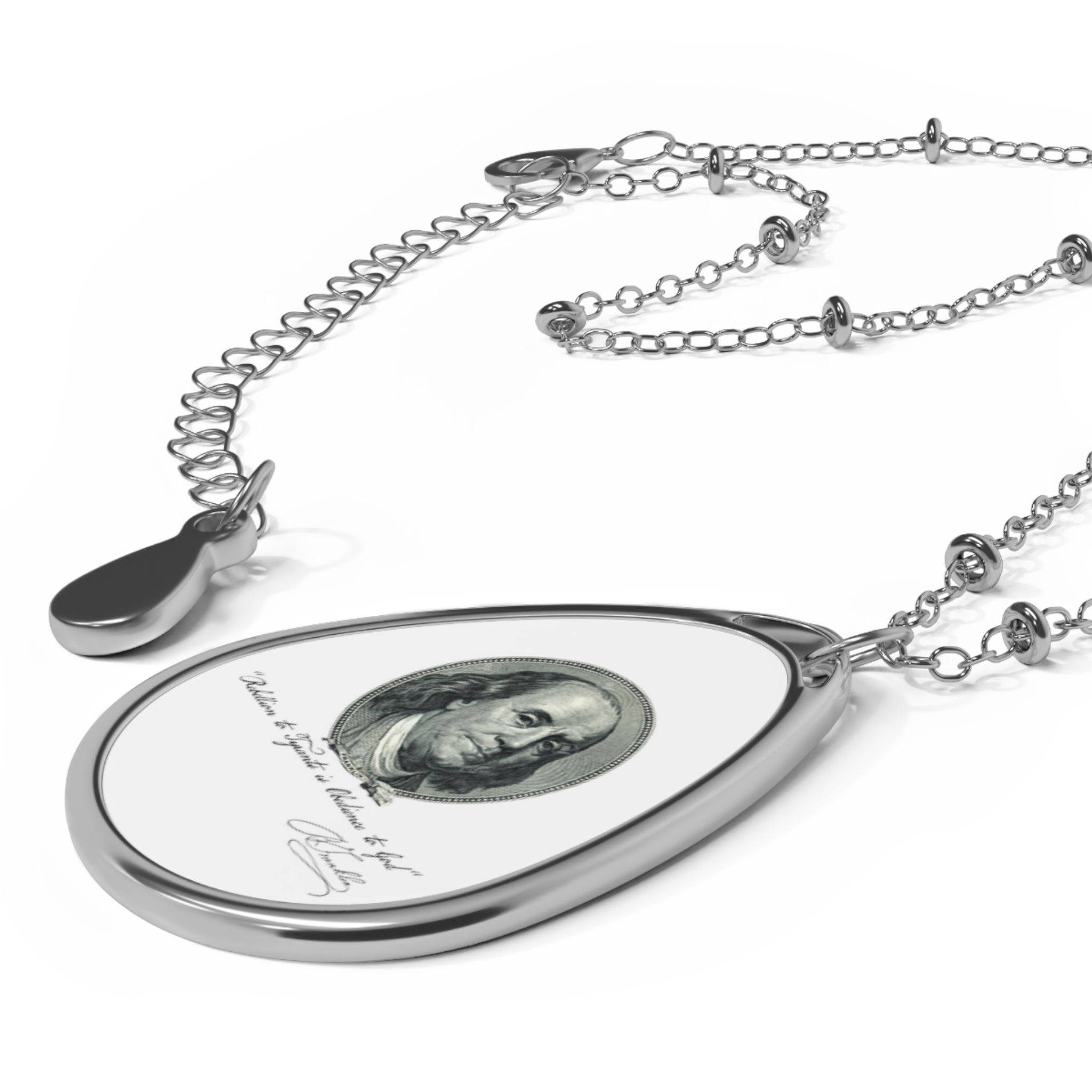 Benjamin Franklin Portrait & Quote "Rebellion to Tyrants is Obedience to God" Oval Necklace