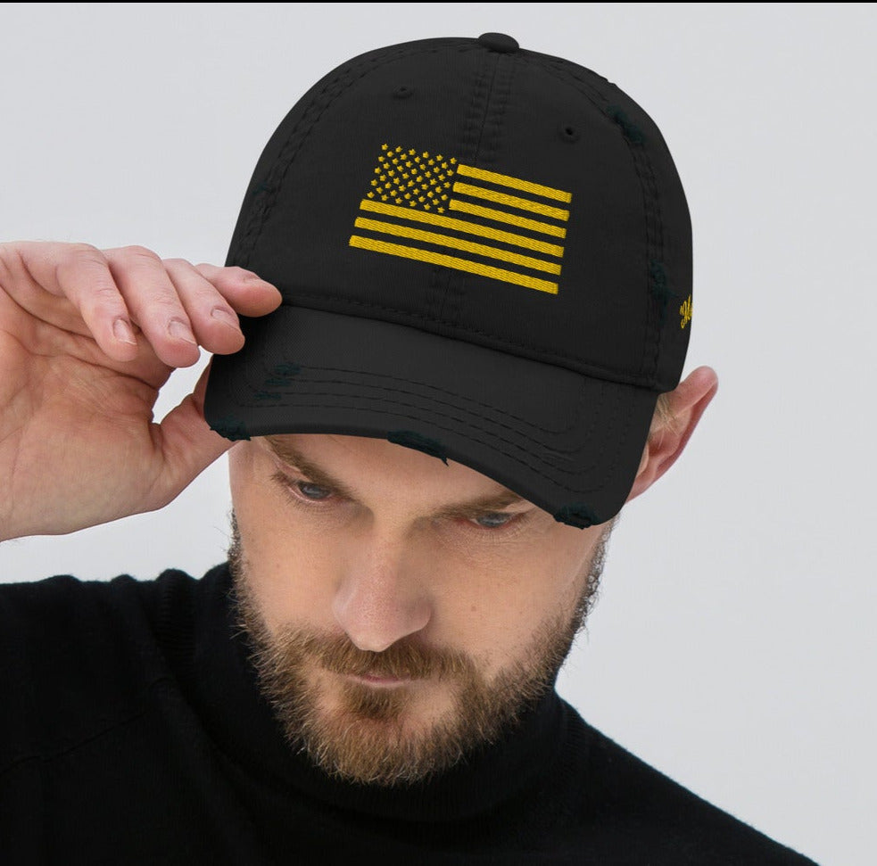 'Merica US Flag Gold 1776 Embroidered Distressed Dad Hat