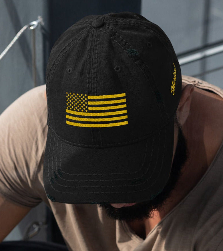 'Merica US Flag Gold 1776 Embroidered Distressed Dad Hat