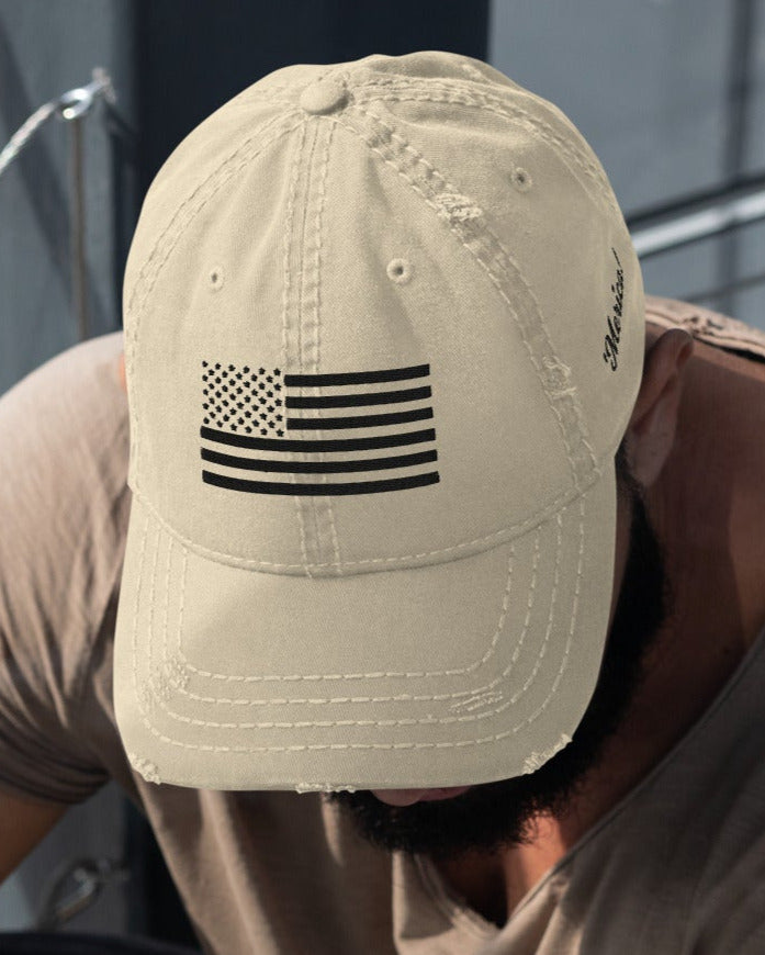 'Merica US Flag Black 1776 Embroidered Distressed Dad Hat